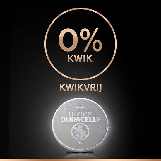 Duracell DL2032 knoopcelbatterij, kwikvrij. Zilverkleurig met symbool van verboden toegang voor kinderen.