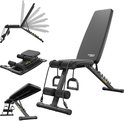 Zwarte fitnessbank TREX SPORT TX-110B met verstelbare rugleuning en weerstandsbanden, met detailafbeeldingen.