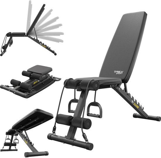 Zwarte fitnessbank TREX SPORT TX-110B met verstelbare rugleuning en weerstandsbanden, met detailafbeeldingen.