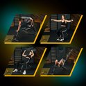 Collage van 4 fitnessafbeeldingen met een zwarte fitnessbank en verschillende oefeningen.