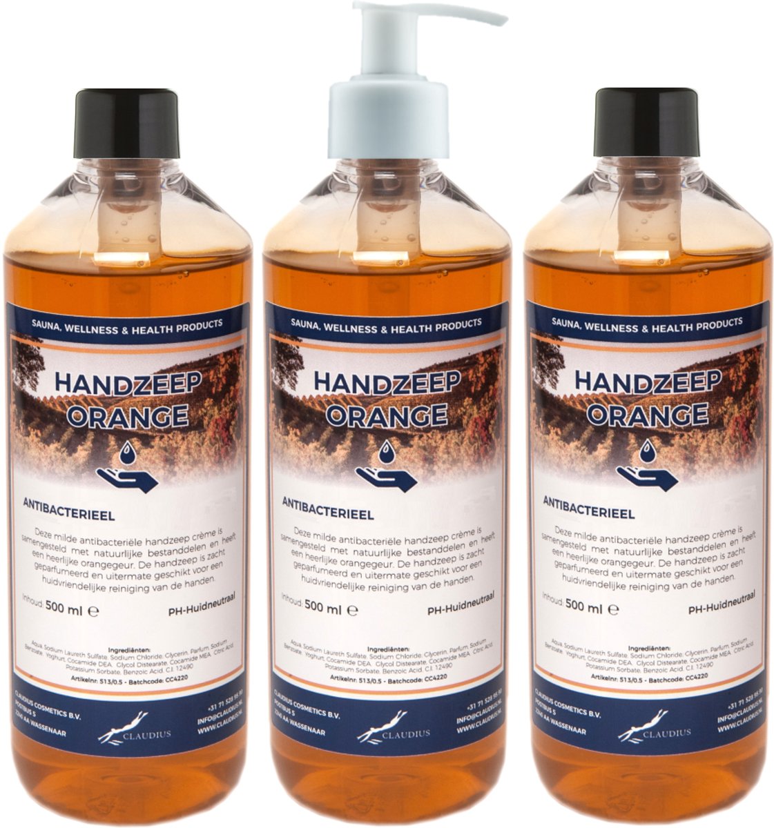 Handzeep Orange 500 ml - set van 3 stuks - met gratis pomp - Voordeelverpakking