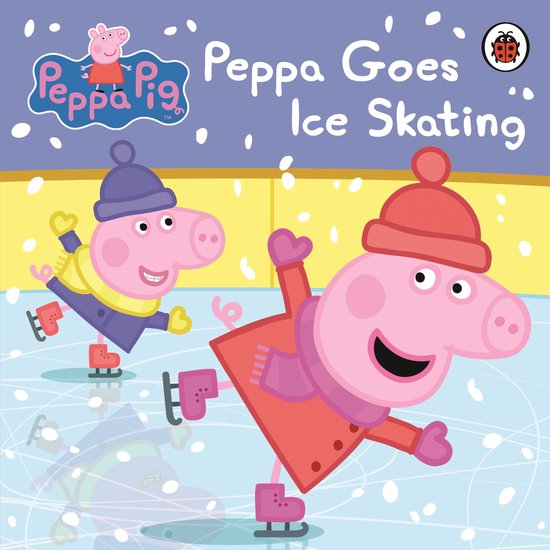 Peppa en George Pig schaatsen op het ijs, met 'Peppa Goes Ice Skating' in tekst erboven.