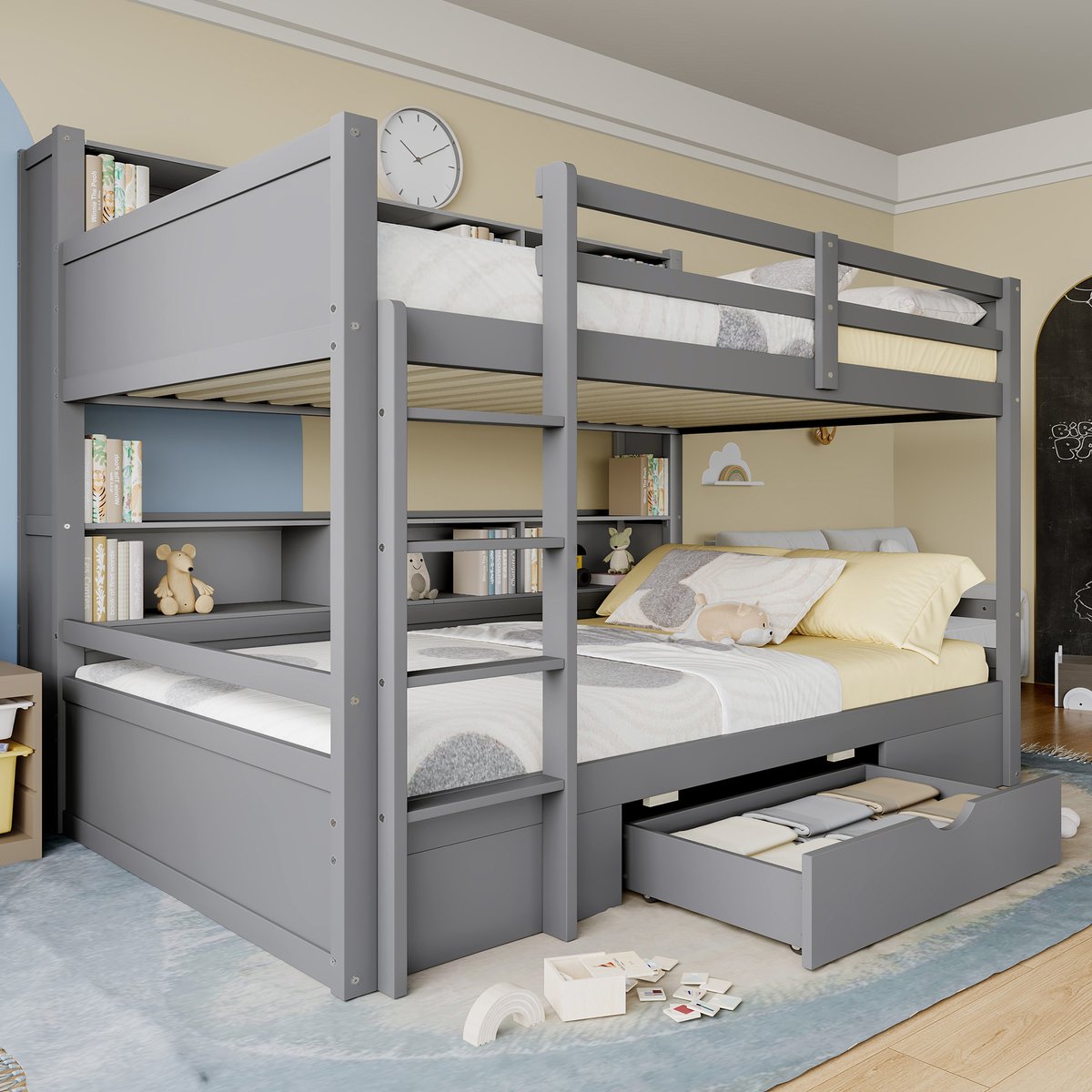 Merax Stapelbed - 90x200 cm eenpersoonsbed - kinderbed met laden en opbergruimte - zonder matras - grijs