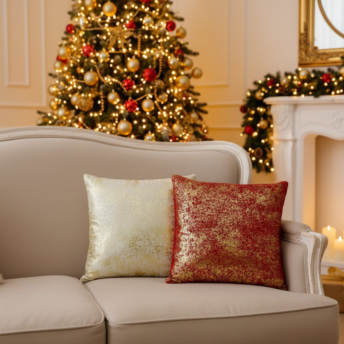 Set van 2 Kussenhoezen | 45 X 45 cm | Kussenhoes | Kussenhoesjes | Sierkussen | Velvet | met rits | Wit en rood