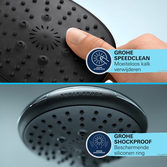 Close-up van de zwarte douchekop met grotere sproeiers en tekst 'GROHE SHOCKPROOF'.