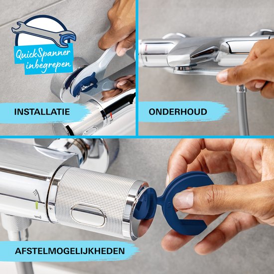 Installatie van een douchekraan met QuickSpanner, onderhoud en afstelmogelijkheden.