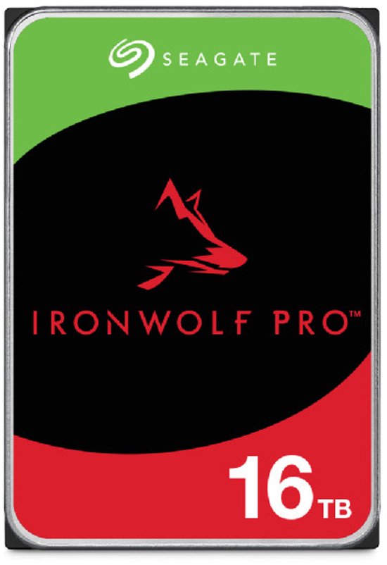 Seagate IronWolf Pro 16TB harde schijf met een rood en groen label.