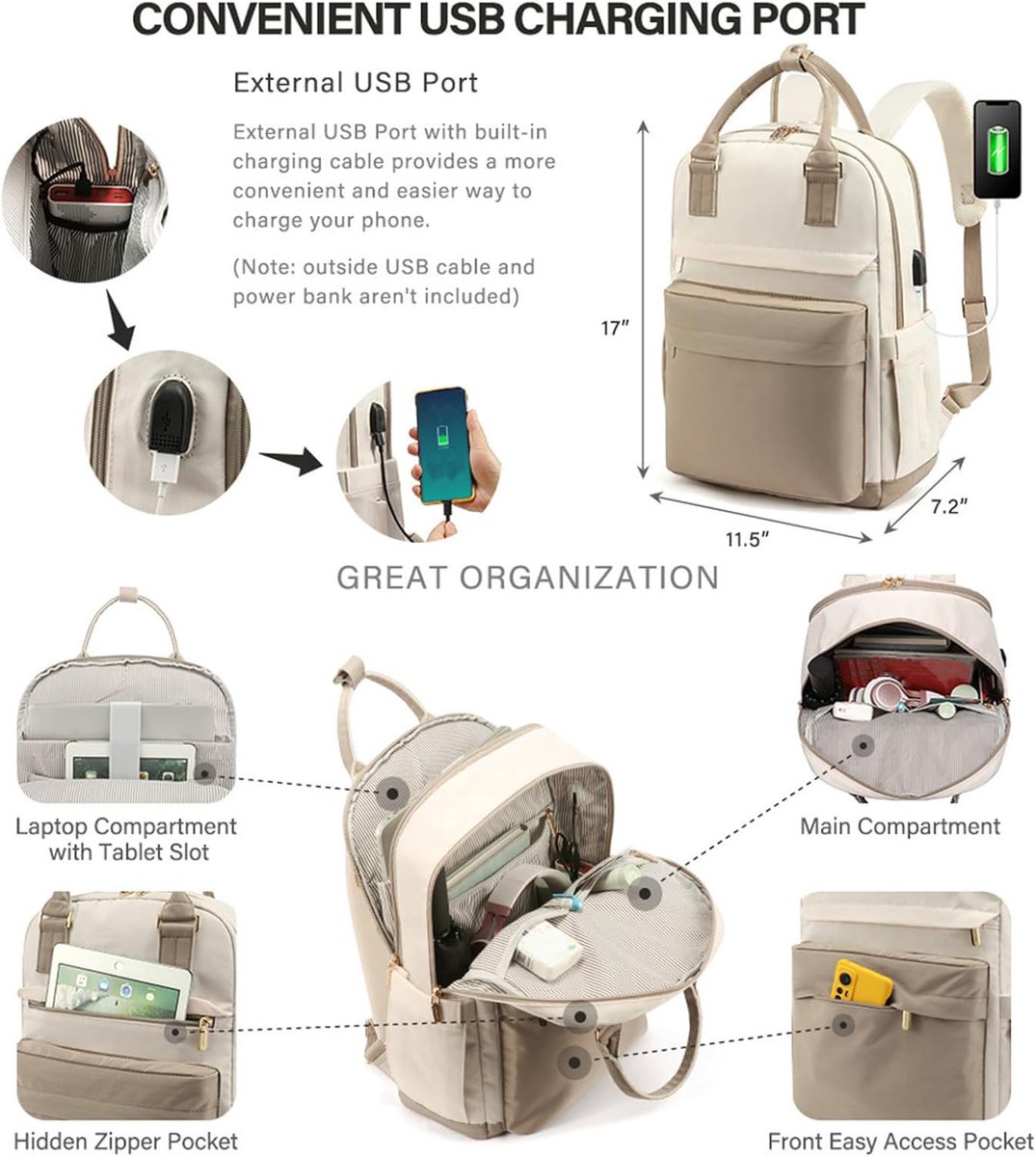 Rugzak Voor Dames - Rugtas - Grote 40l Reistas Met Laptopvak - Comfortabele Schoolrugzak Voor School Universiteit En Dagelijks Reizen - Ruime Waterafstotende Backpack In Beige – foto 7