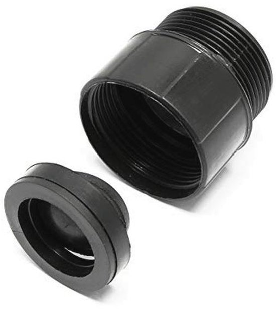 Zwarte terugslagklep met schroefdraad en een losse rubberen ring.