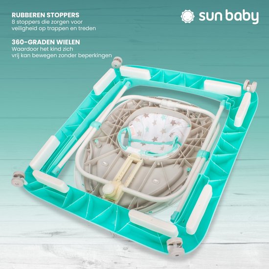 sun baby Loopstoel, baby walker vanaf 6 maanden, verstelbare hoogte, rubberen wielen - Mintgroen met sterretjes van Sun Baby — afbeelding 3