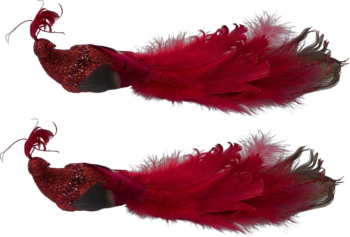 WinQ-2stuks Decoratie Pauw Rood met Clip en Glitters-polyfoam/veren-decoratie voor kerstboom- 2stuks