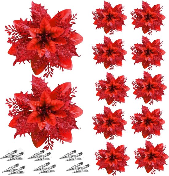 Kerstdecoratie, 30 stuks, kerstbloemen, glitter, kunstkerstbloemen