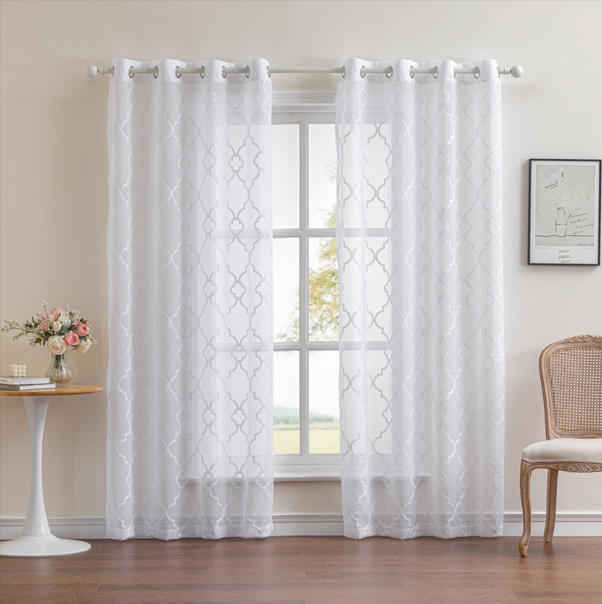 Floraweg Geborduurde semi-transparante gordijnen van imitatielinnen met ringgordijnen voor de slaapkamer, wit,140x220cm wit02