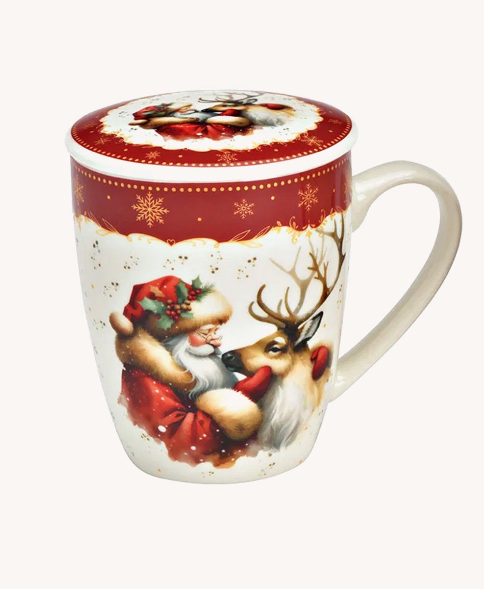 Kerstdecor mok met deksel en metalen zeef, rood (B/H/D) 13x11x9cm 350ml
