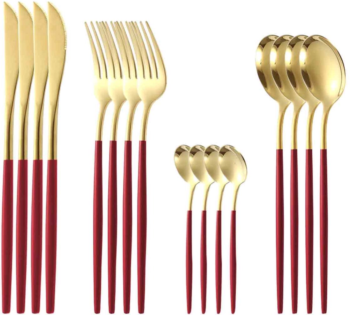 QTTVBTNA - 16-Delig RVS Bestek Set - Service voor 4 Personen - Rood-Gouden Messen, Vorken en Lepels - Afwasmachinebestendig Eetgerei & Tafelservies - Duurzaam Keukengerei voor Dagelijks Gebruik - Rood Goud