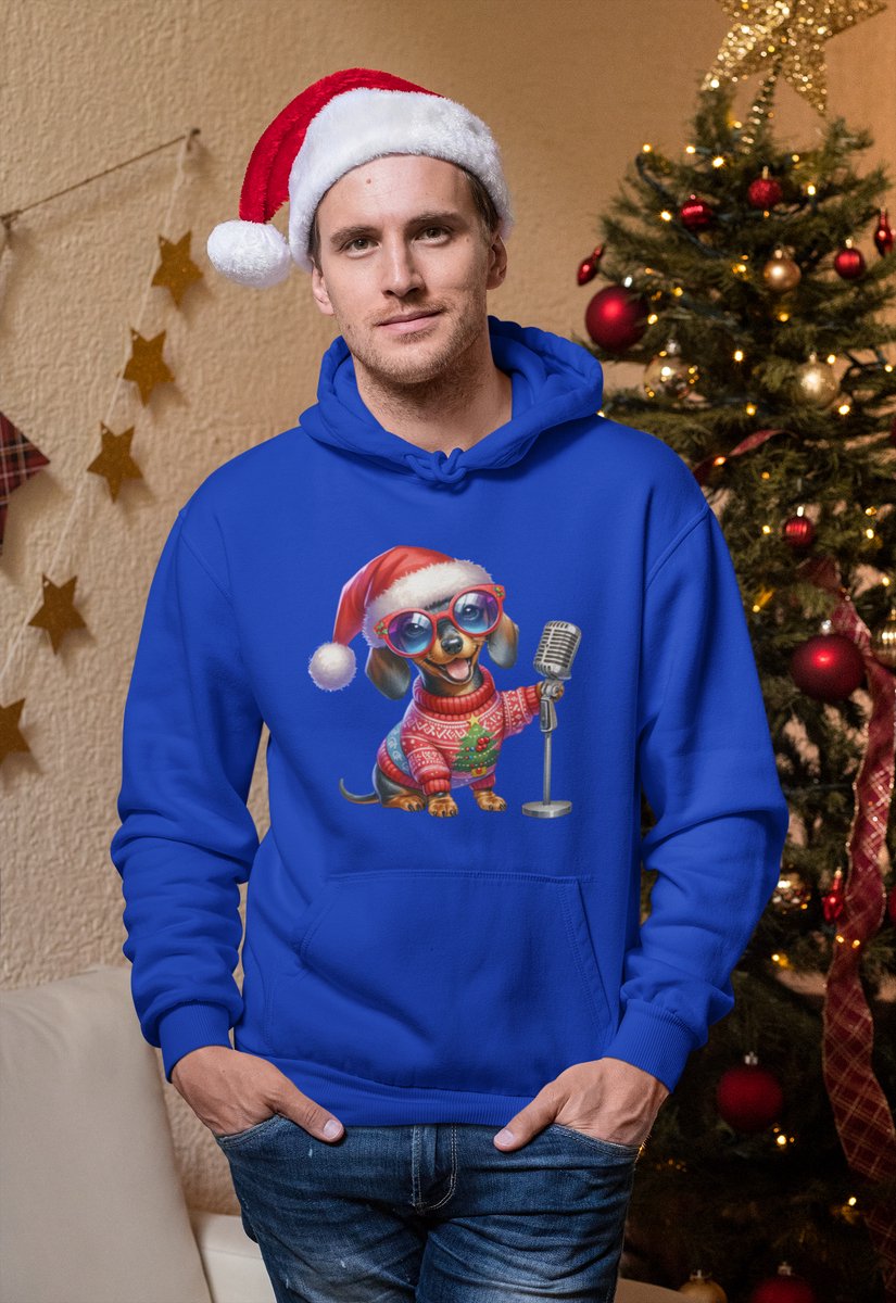 Singing Dog Santa - Kersttrui - Kerst Trui Blauw - Grappig Kersttrui - Maat XL - Limited Edition