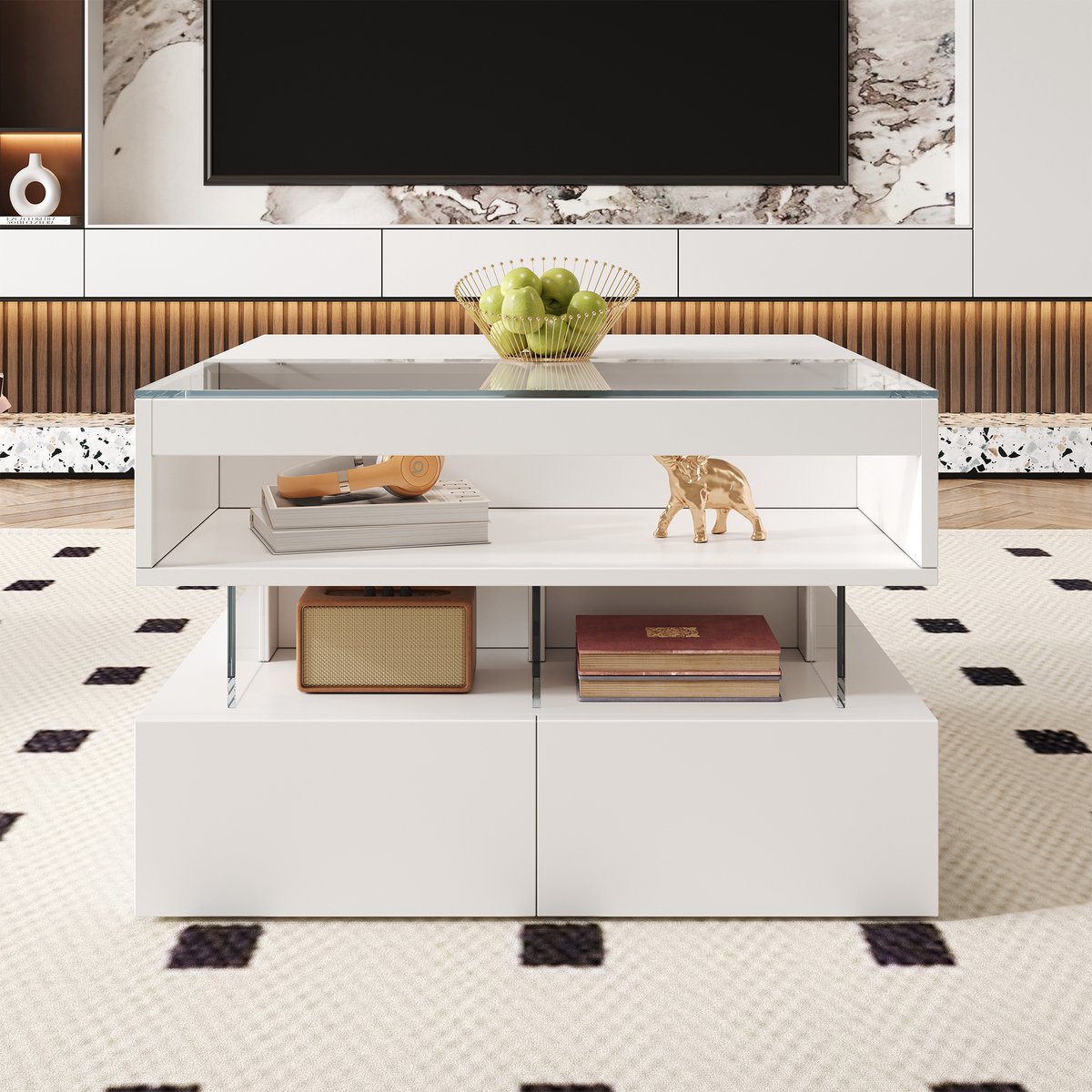 MODFU Verstelbare salontafel met glasplaat, acryl poten en 16-kleurige verlichting – moderne woonkamer tafel Wit