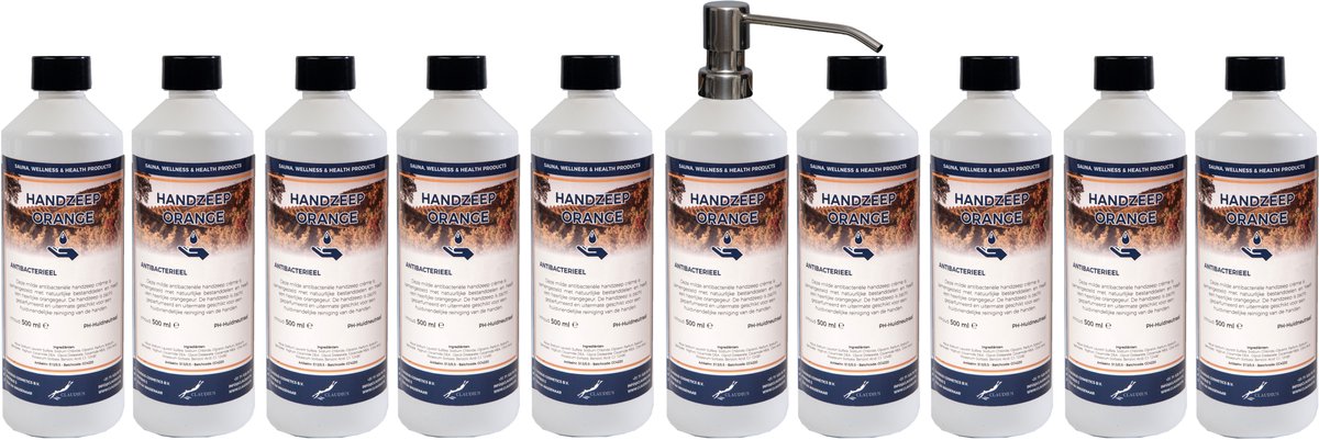 Handzeep Orange 500 ml - set van 10 stuks - met gratis RVS zilverkleurige pomp - Voordeelverpakking