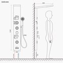 Technische tekening van een douchepaneel met afmetingen en een schematische weergave van een persoon. Eenheden in mm.