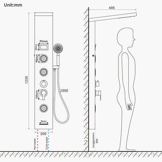 Technische tekening van een douchepaneel met afmetingen en een schematische weergave van een persoon. Eenheden in mm.