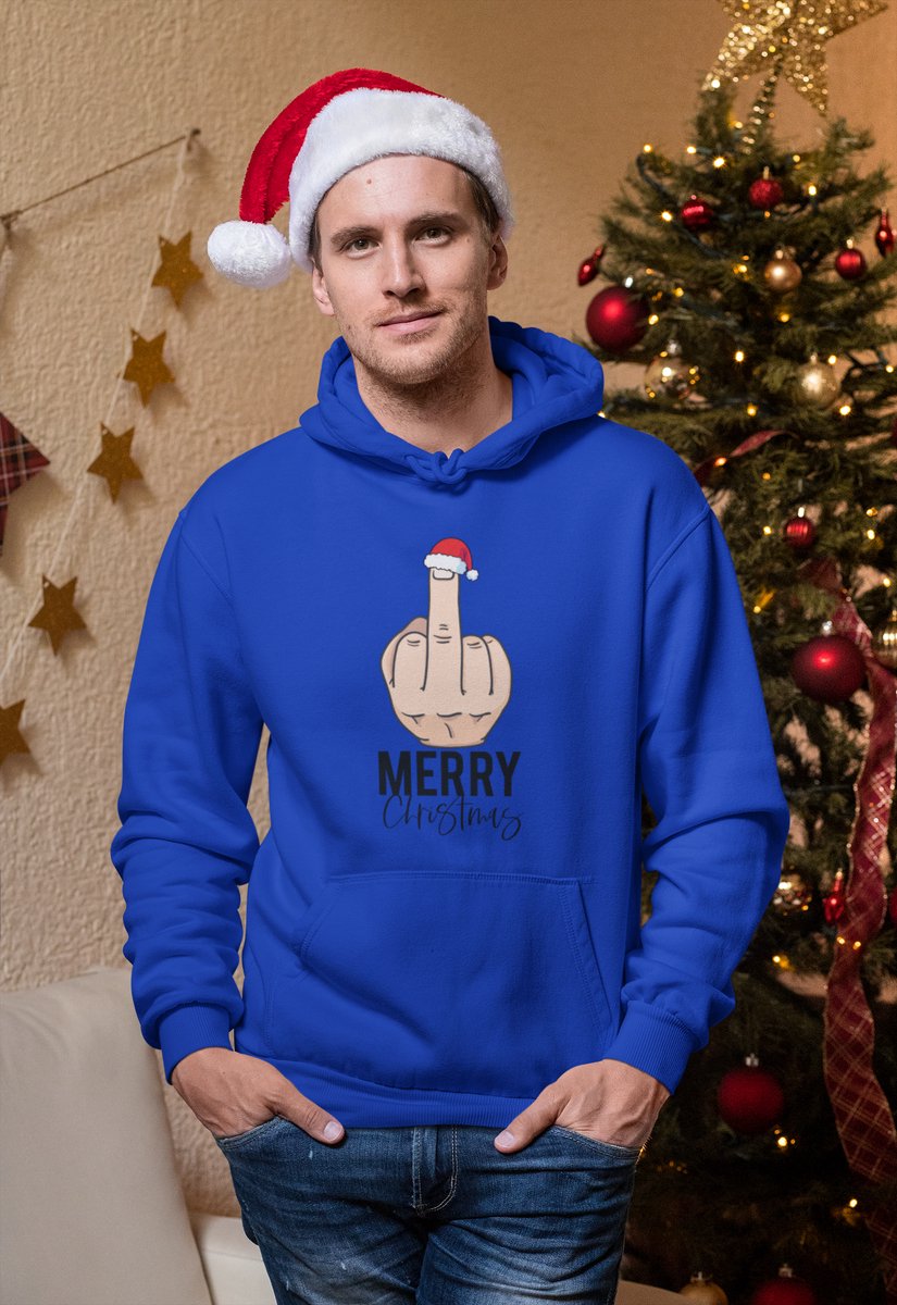 Middle Finger - Kerst Hoodie - Kerst Trui Blauw - Grappig Hoodie - Maat XL - Limited Edition
