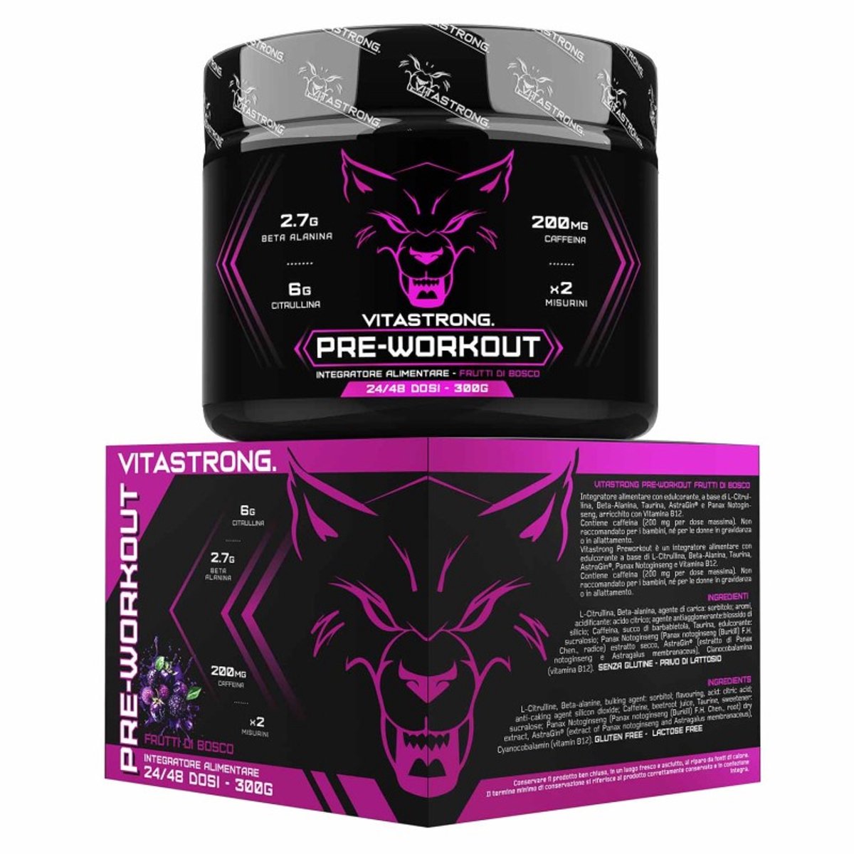 Vegan Potent Pre-Workout 300g – L-Citrulline, Beta-Alanine, Cafeïne, Taurine, AstraGin, Panax Notoginseng – 24 Porties, Bosvruchten – Gemaakt in Italië