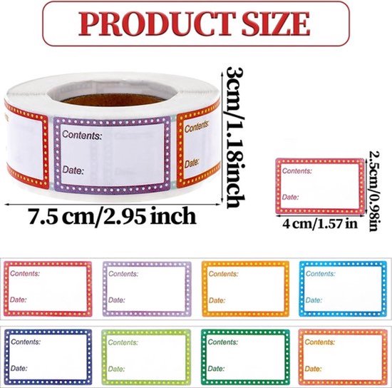 Een rol met veelkleurige etiketten (rood, paars, oranje, blauw, groen) met vakken voor 'Contents:' en 'Date:'. Afmetingen van de rol en een los etiket worden getoond.