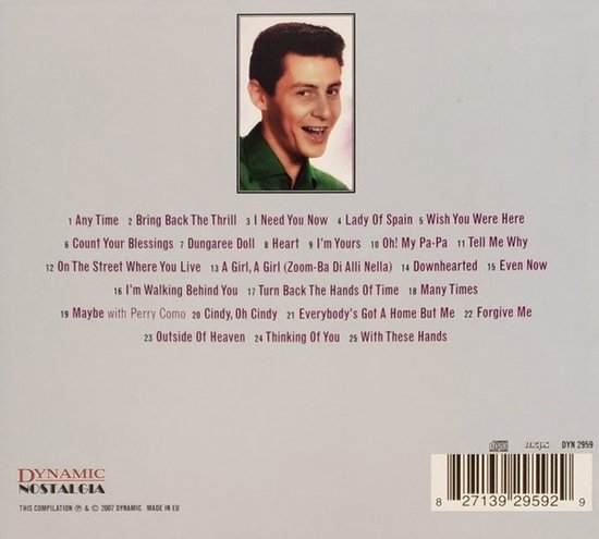 Achterkant van de cd "I'm Yours" van Eddie Fisher met een tracklist en een kleinere foto van Eddie Fisher.