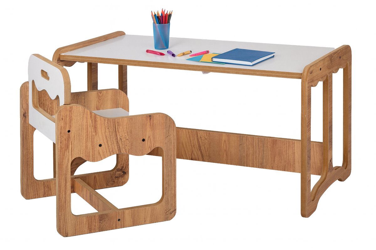 WoodWorks Kindertafel met Stoel – MDF Walnoot/Wit – 1-Persoons Speel- en Knutseltafel voor Kinderen 2-6 Jaar – Compact Kindermeubel voor Kinderkamer of Woonkamer