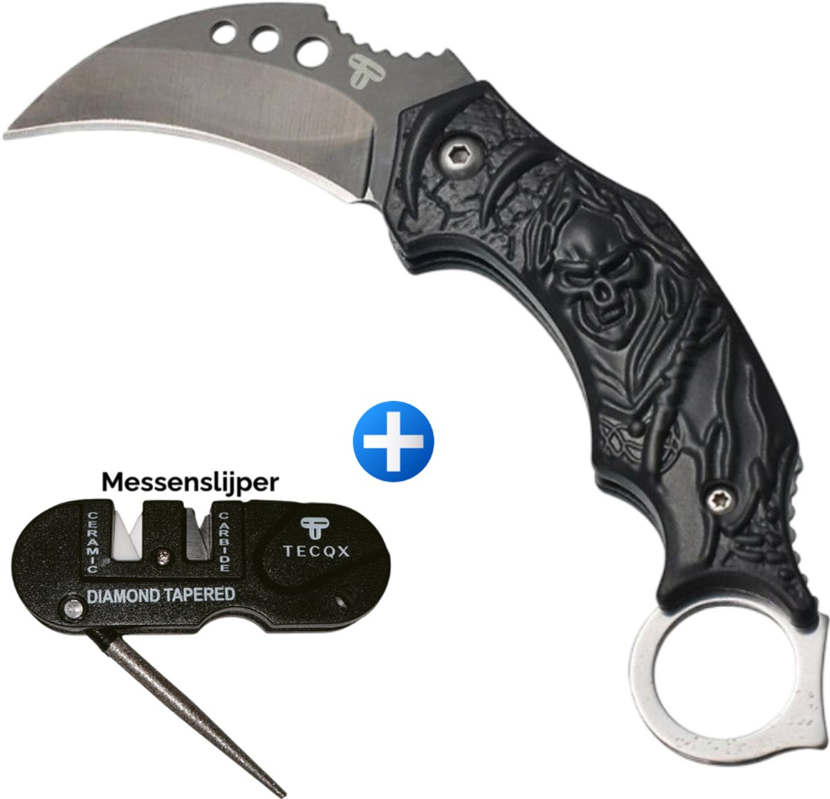 TECQX Inklapbare Mini Karambit - Zakmes - Survival mes - Counter Strike - Grim Reaper - Inclusief messenslijper - Kamperen - Scouting mes - Black Skull