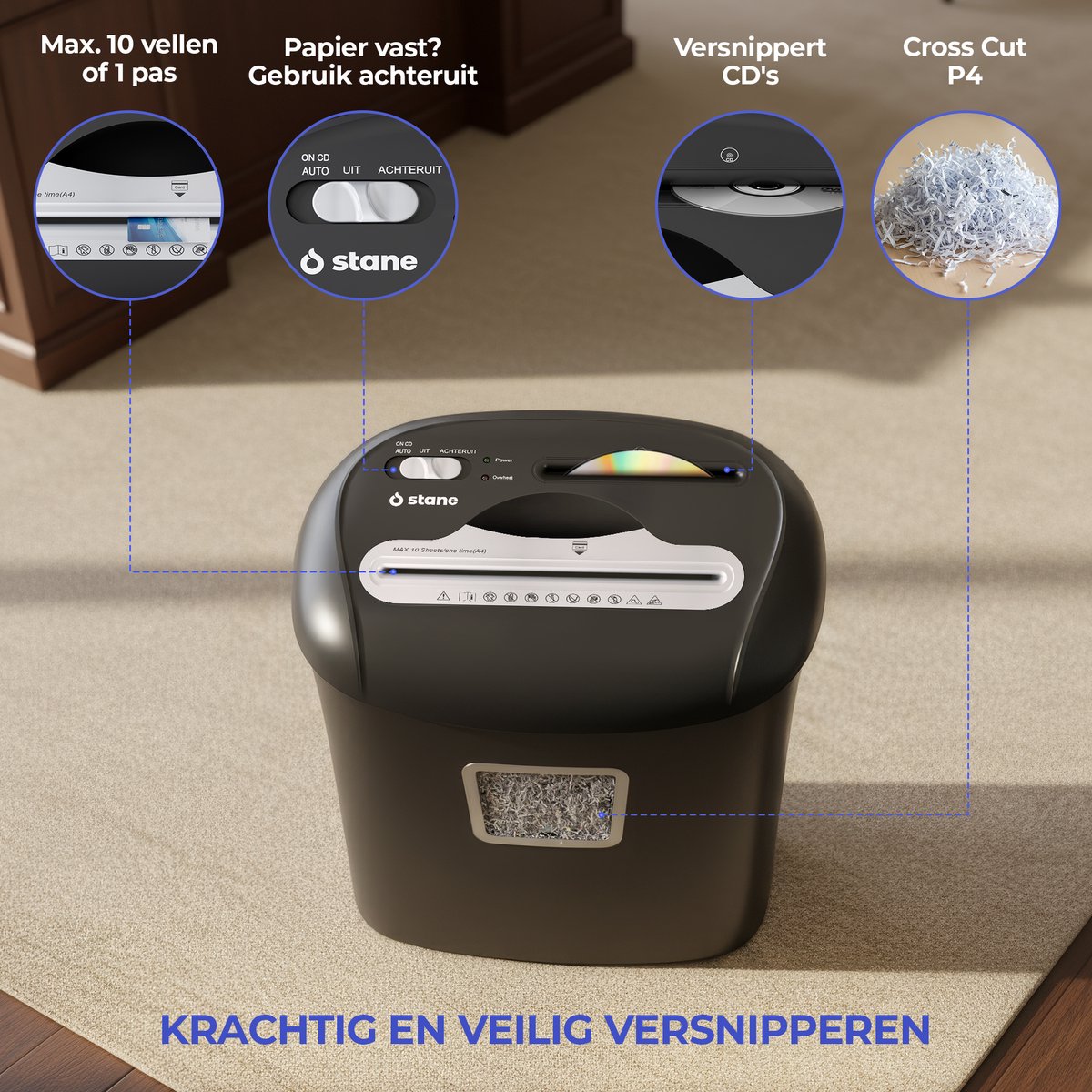 Stane Papierversnipperaar – Papiervernietiger voor Thuis en Kantoor – Shredder Vernietigt Creditcard en CD - Versnipper 10 A4 Vellen in 1 Keer – 21L OpvangBak - Zwart thumbnail 7