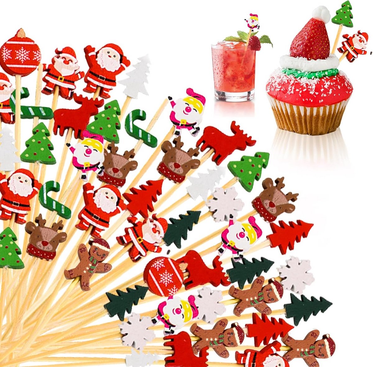 100 Stuks Houten Cocktail Prikkers Kerst Decoratie voor Hapjes en Desserts