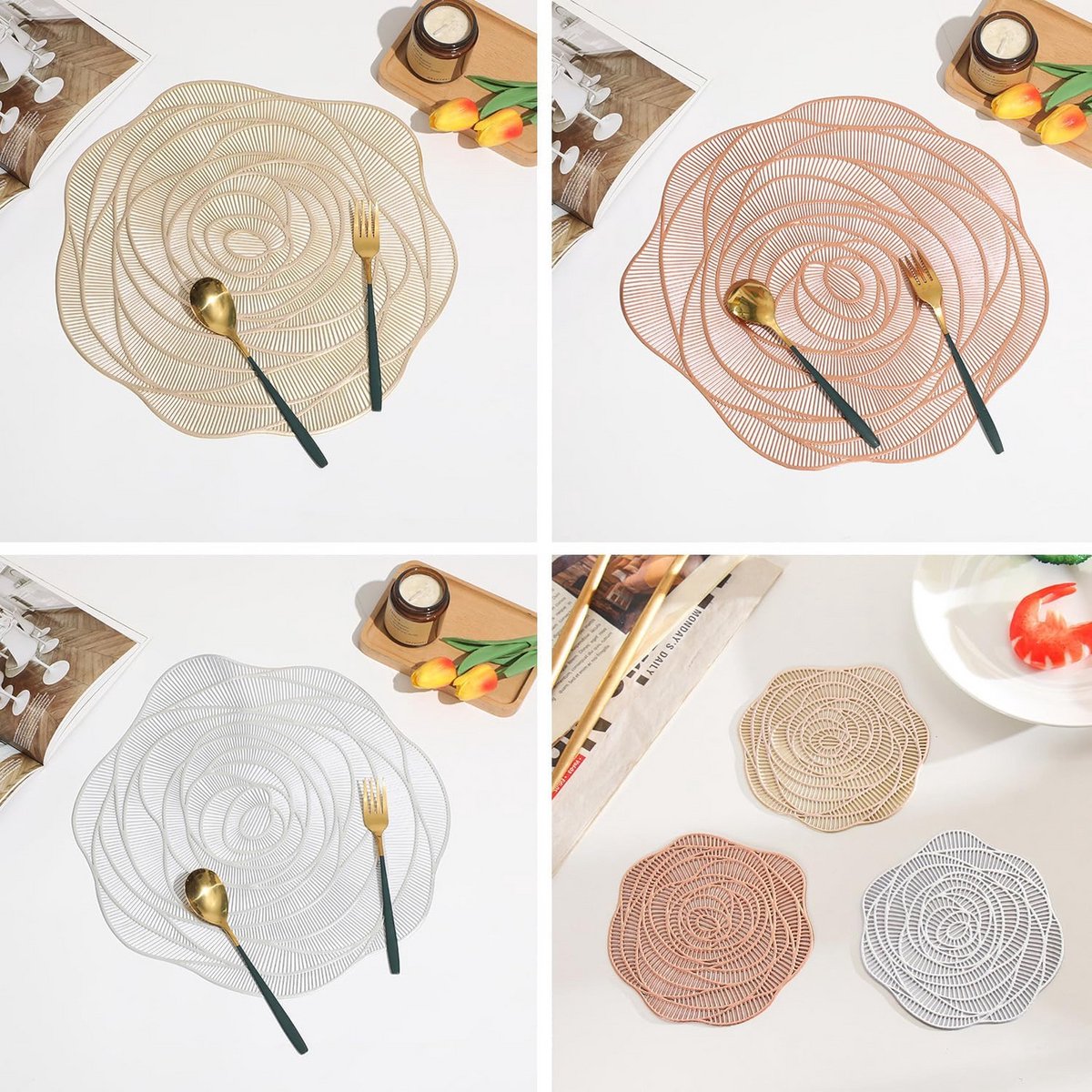 Set van 12 Ronde Placemats en Onderzetters Geperst Vinyl Metallic Goud, Hittebestendig