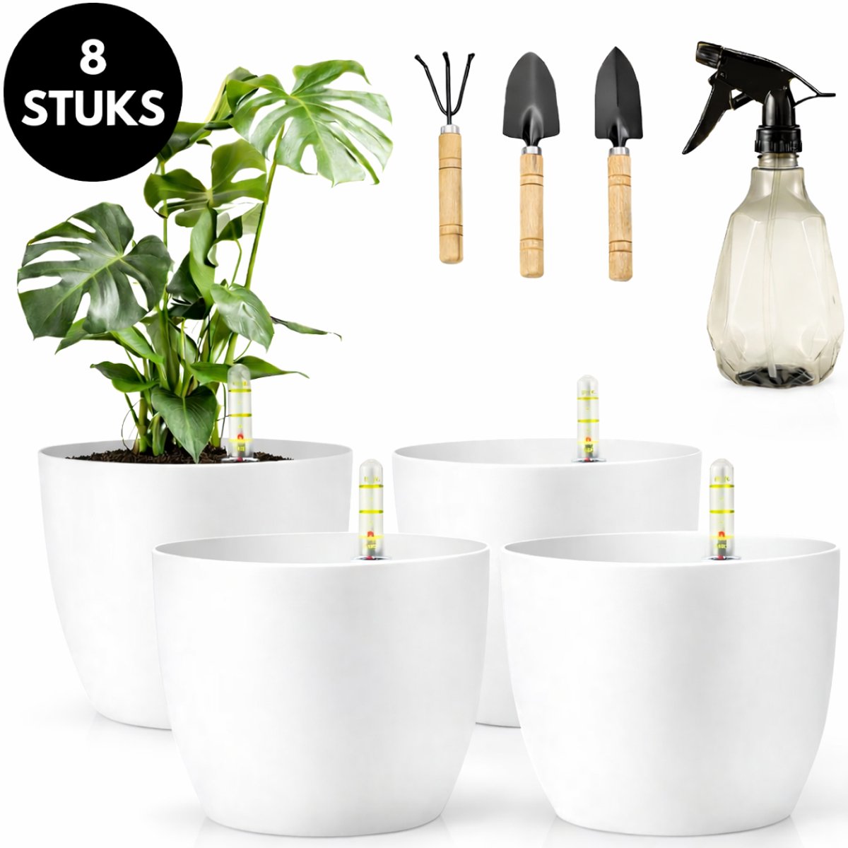 Ultiluxe® Zelfbewaterende bloempotten 8-delig - Wit - Automatisch watergeefsysteem - Kunststof plantenpotten met waterindicator - Zelf bewaterend - Inclusief tuingereedschap compleet - 15,5 x 13 cm