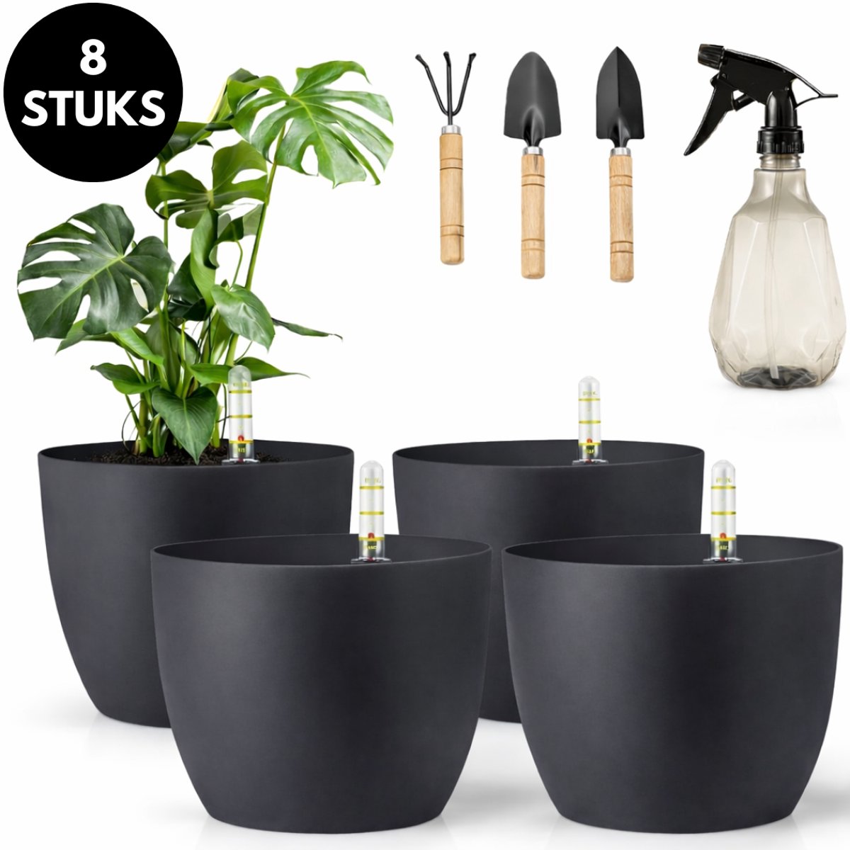 Ultiluxe® Zelfbewaterende bloempotten 8-delig - Donkergrijs - Automatisch watergeefsysteem - Kunststof plantenpotten met waterindicator - Zelf bewaterend - Inclusief tuingereedschap compleet - 15,5 x 13 cm
