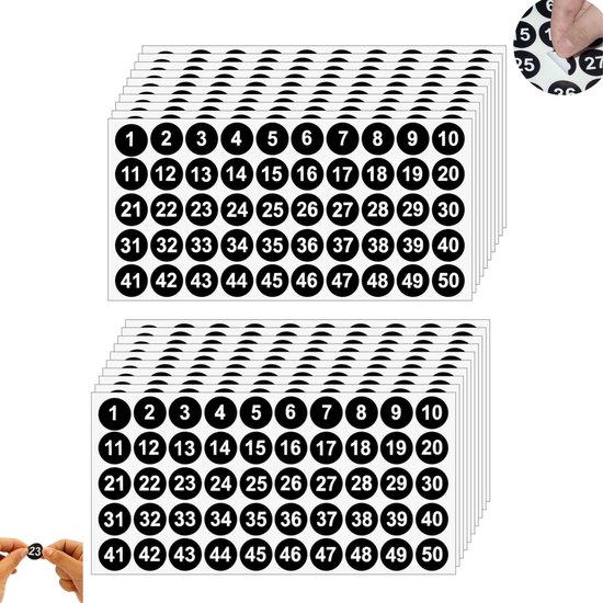 20 stuks - cijferstickers - Stickers voor de cijfers 1-50 - 20 ronde cijferstickers - Kleine zwarte cijferstickers - Waterdichte zelfklevende stickers - Geschikt voor kantoren, klaslokalen, magazijnen, voorraad en binnen (zwart)