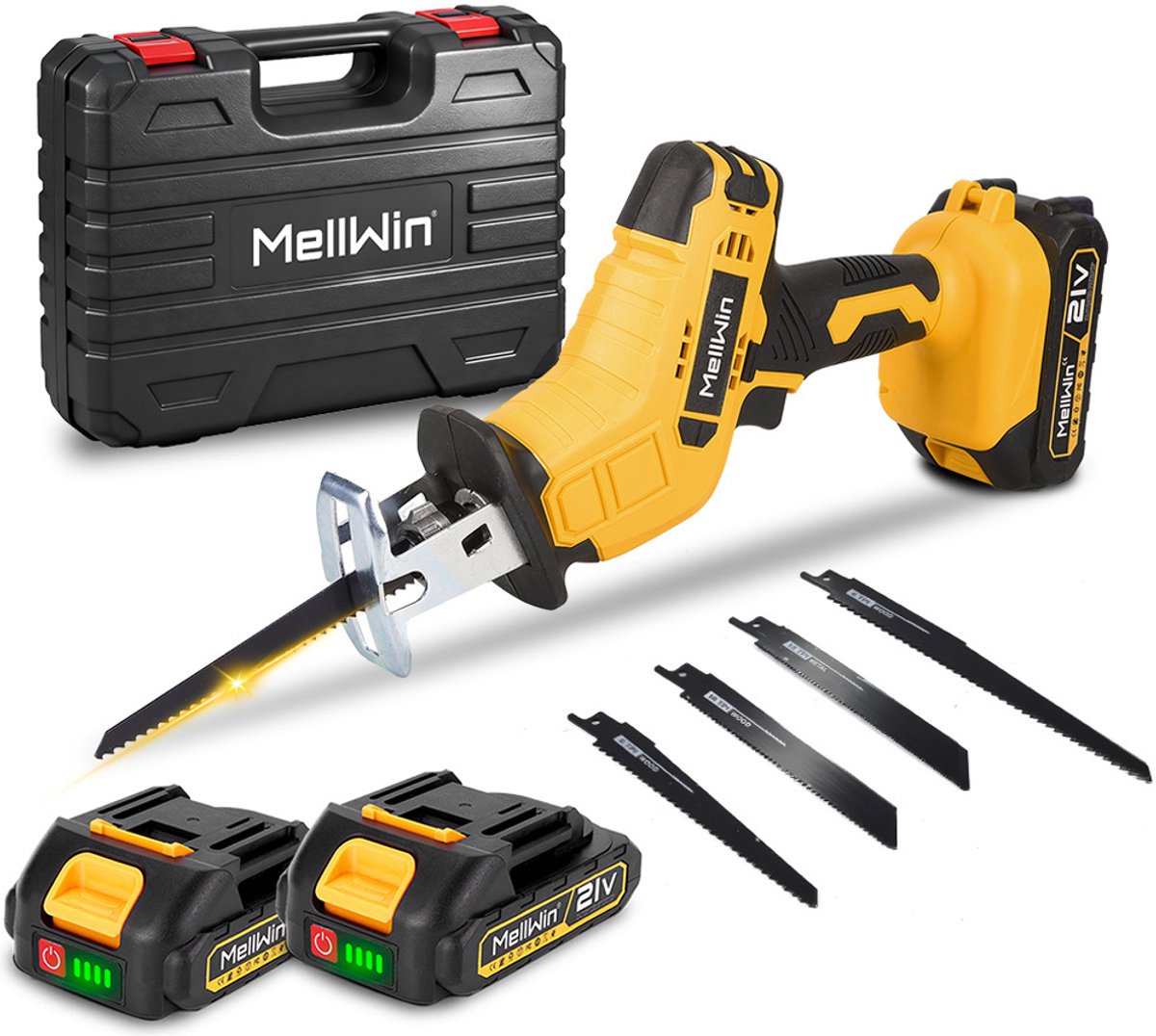 MellWin Accu Reciprozaag - 21V Elektrisch Reciprozaag - mit 2x Accu’s & 4x Zaagbladen - 3500 spm - max. 100 mm zaagdiepte - Voor Hout, Metaal & Kunststof