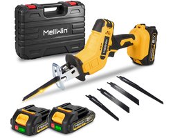 MellWin Accu Reciprozaag - 21V Elektrisch Reciprozaag - mit 2x Accu’s & 4x Zaagbladen - 3500 spm - max. 100 mm zaagdiepte - Voor Hout, Metaal & Kunststof