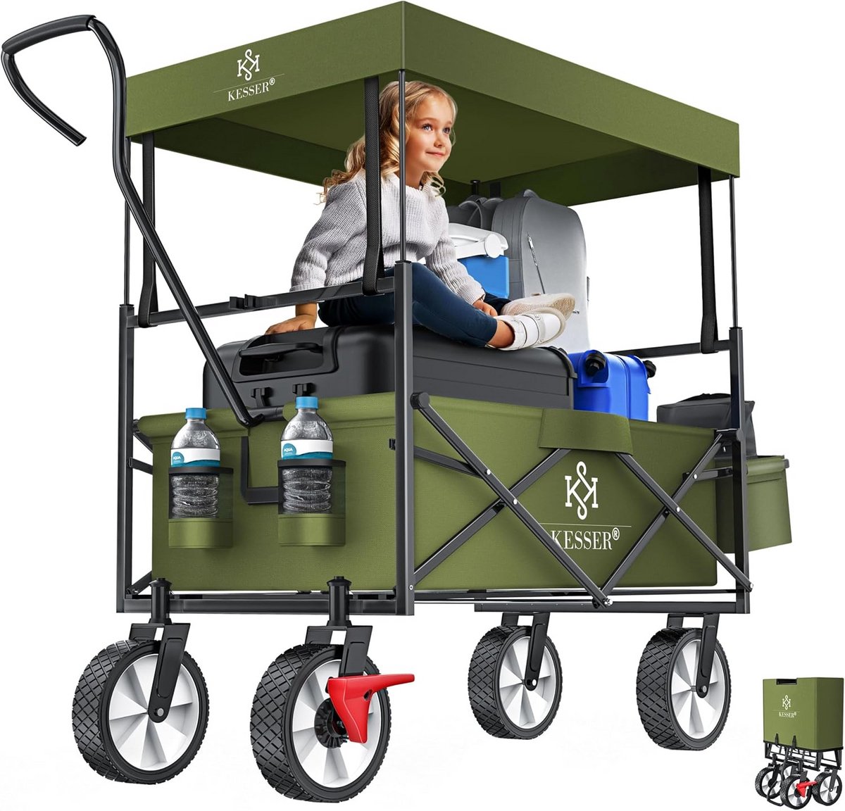 Opvouwbare Transportkar met 100 kg Draagvermogen, Massieve Banden, Voorwielrem en Gaas-zakken - Strandkar en Bolderwagen in 1, Khaki