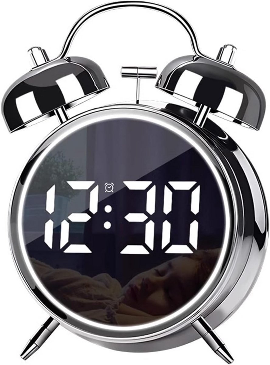 Zilveren Digitale LED Wekker met Dubbel Alarm - Nachtlampje, Stil Mechanisme, Universeel voor Slaapkamer