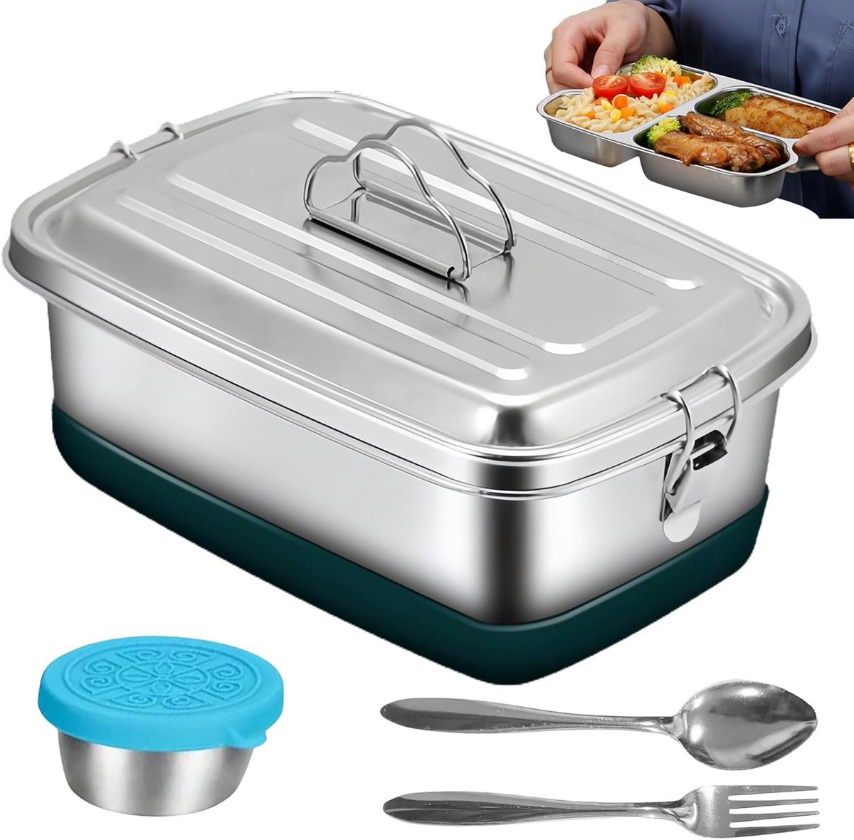 Roestvrijstalen Lunchbox 2000 ml – Dubbellaags met 3 Vakken & Lekvrije Afdichting