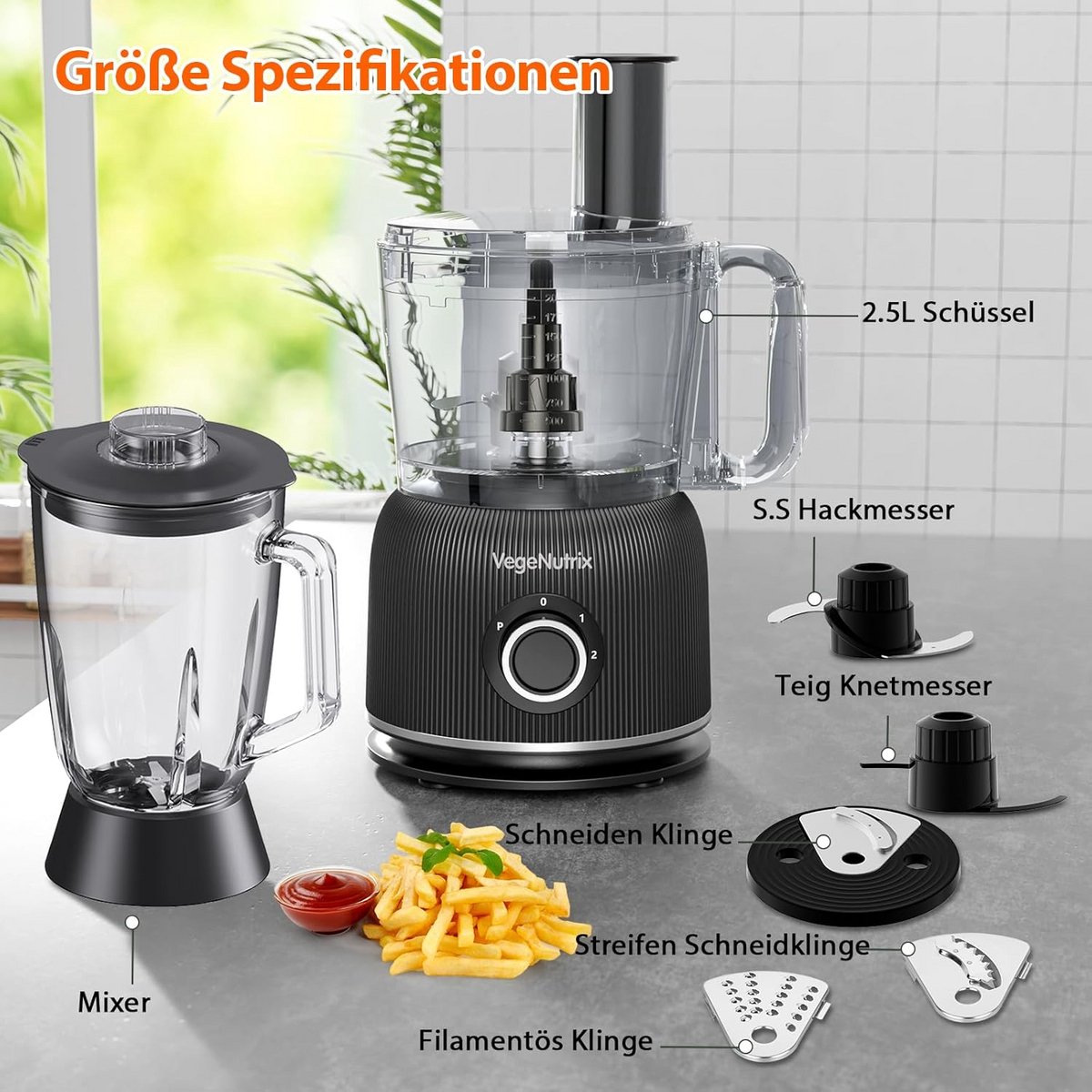 Krachtige Keukenmachine met Blender en Hakmolen - 1500W RVS Mixer met Glazen Kan — afbeelding 2