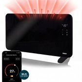 Zwarte glazen paneelverwarming met digitaal display en infrarood weergave van warmte. Smartphone app met 27°C.