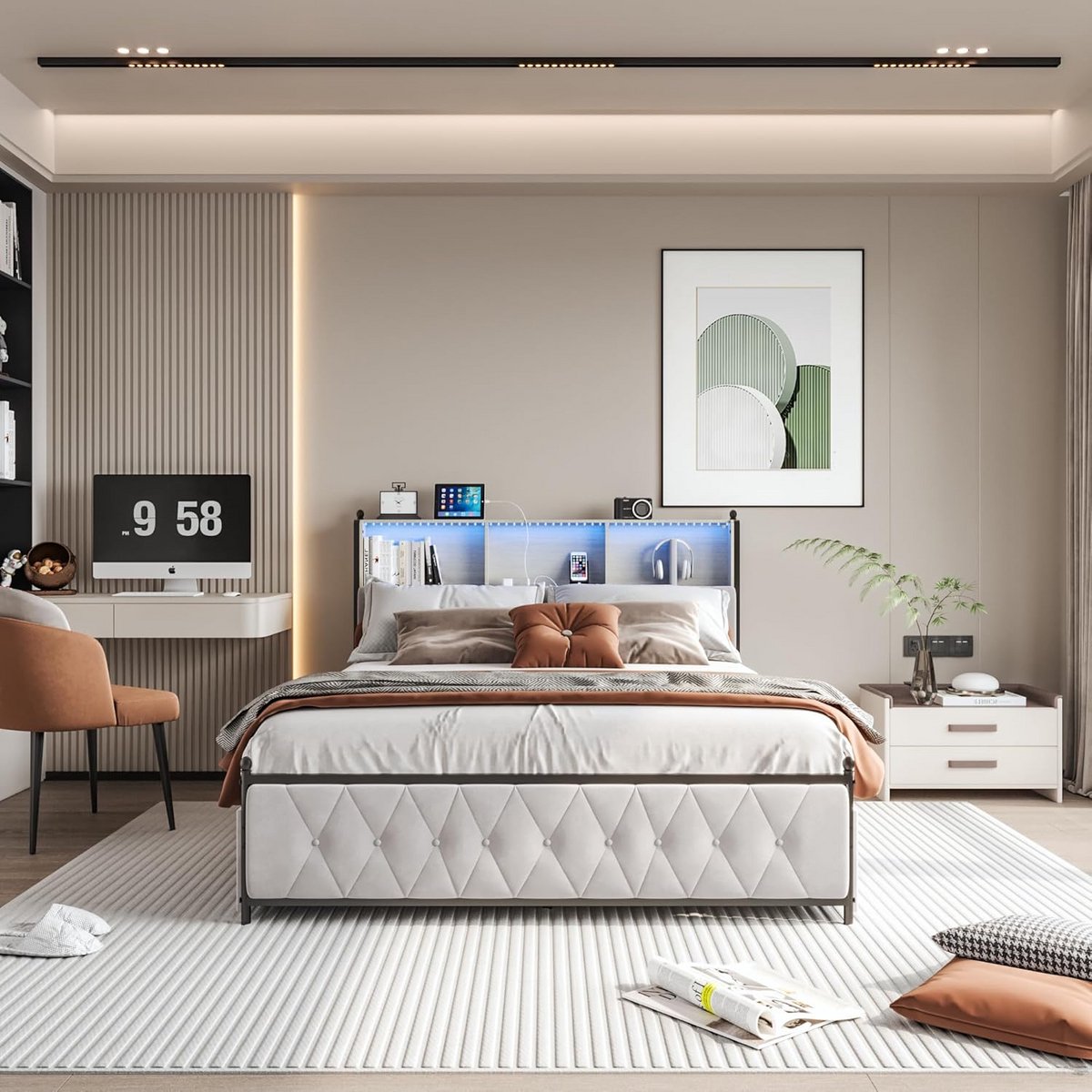 Gestoffeerd Tweepersoons Bedframe 160x200 cm met 4 Opbergladen en LED Verlichting