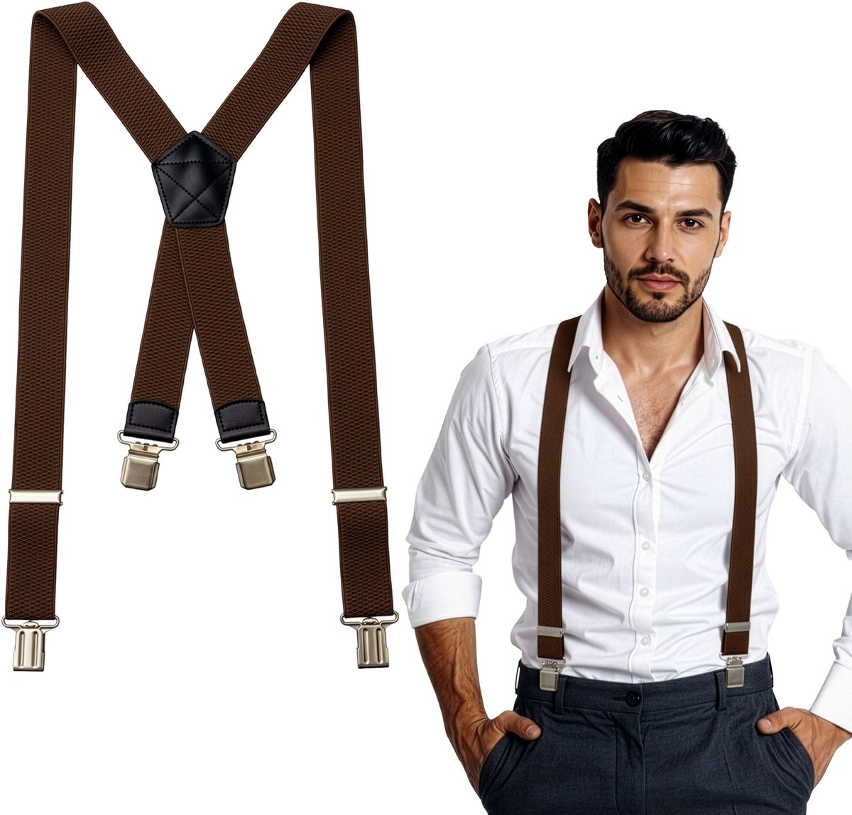 DIVERZA Bretels Heren Volwassenen – Bretels met stevige brede clips – Vaderdag Cadeau voor man – 4 clips – Bretels Elastisch – Bruin