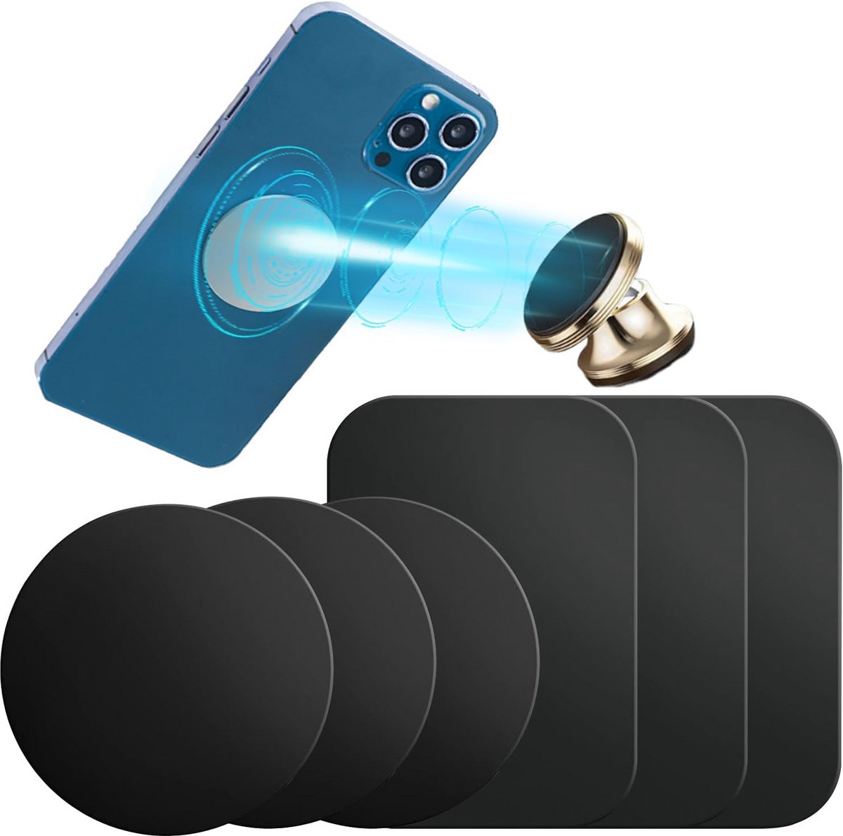 Set van 6 Dunne Metalen Plaatjes voor Magnetische Telefoonhouders - Inclusief Ronde en Rechthoekige Stickers
