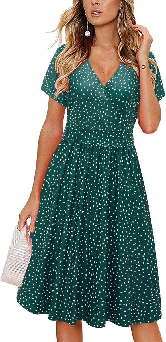 Dames Zomerjurk Korte Mouwen V-Hals Bloemenprint Jurk met Zakken