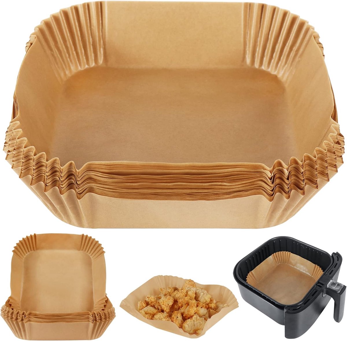 MDUG Bakmatjes voor de airfryer - 100 stuks - Bruin (ongebleekt) - Vierkante bakmatjes voor de airfryer - Wegwerpbaar, oliebestendig papier - Geschikt voor COSORI, Ninja, Tefal en Russell Hobbs airfryers