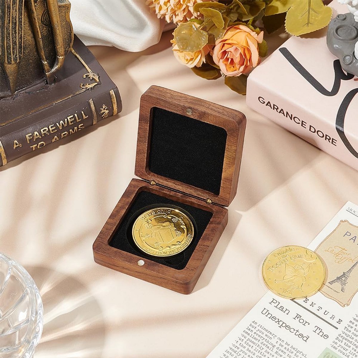 Houten Presentatiedoos voor Medailles en Challenge Munten tot 40mm, Zwart Fluweel