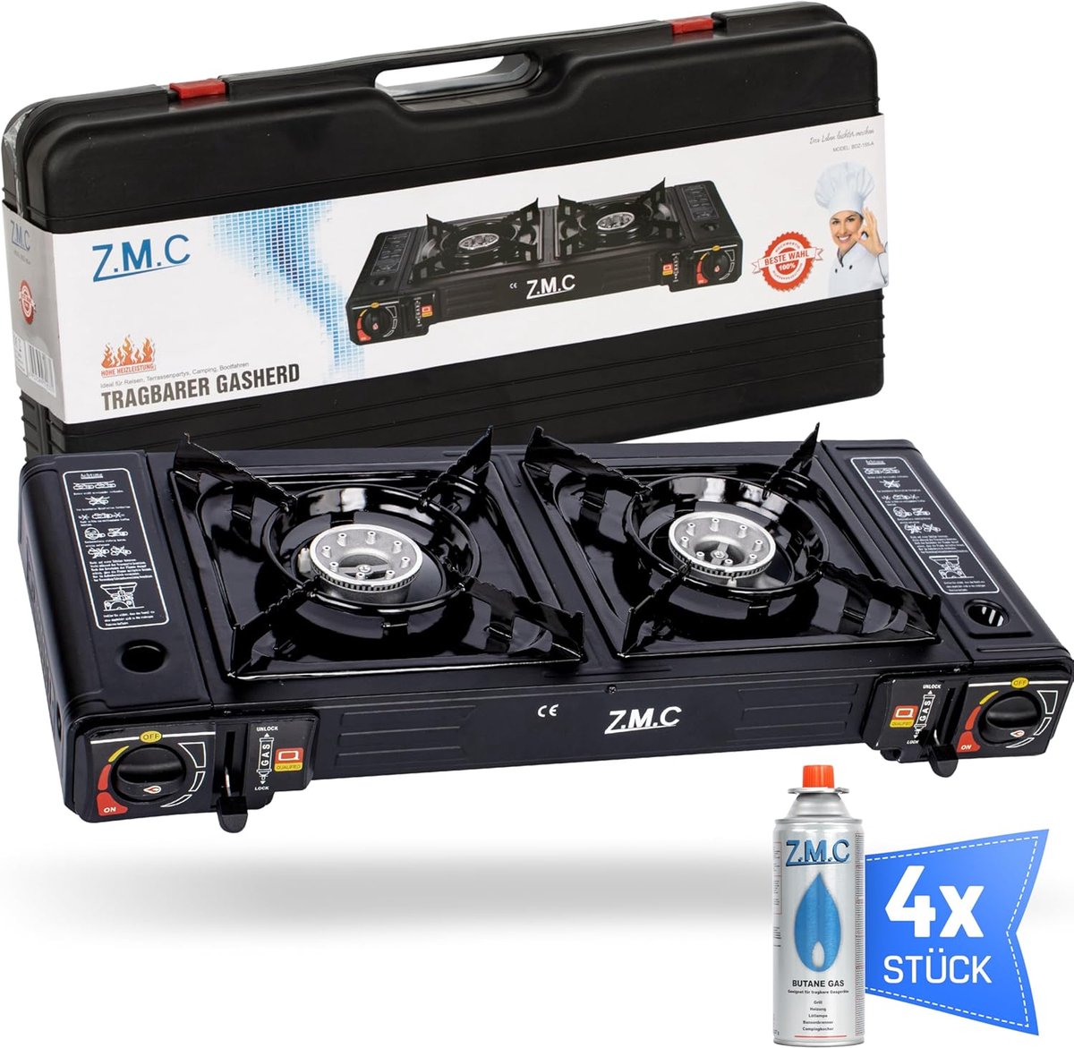 ZMC Campinggasfornuis 2-pits 2,5 kW incl. adapter voor LPG-aansluiting + opbergkoffer Campingfornuis met gaspatronen, met piëzo-ontsteking, voor gebruik binnen en buiten - Gasfornuis met 8 gaspatronen
